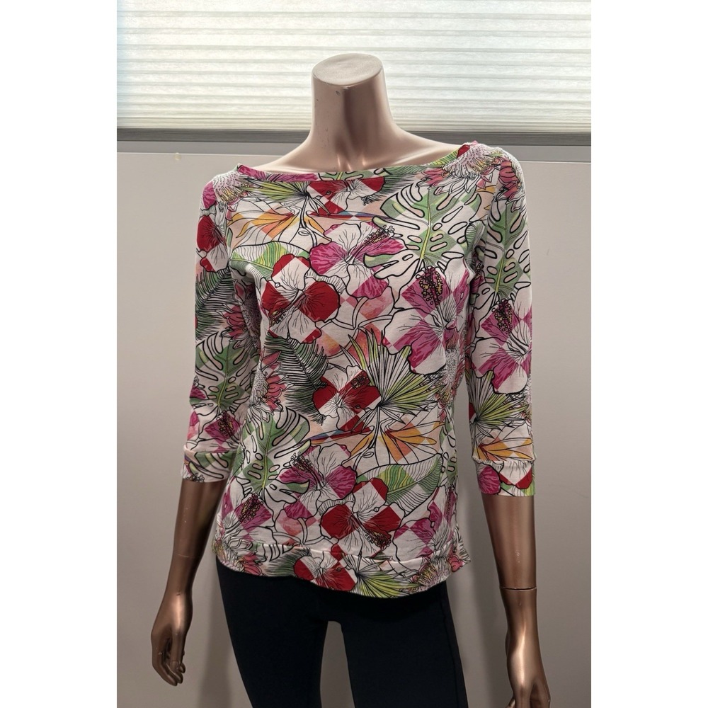 Made In Italy Ultra Chic Euro Flare Floral Colorful Boat Neck Cotton Shirt Top/S